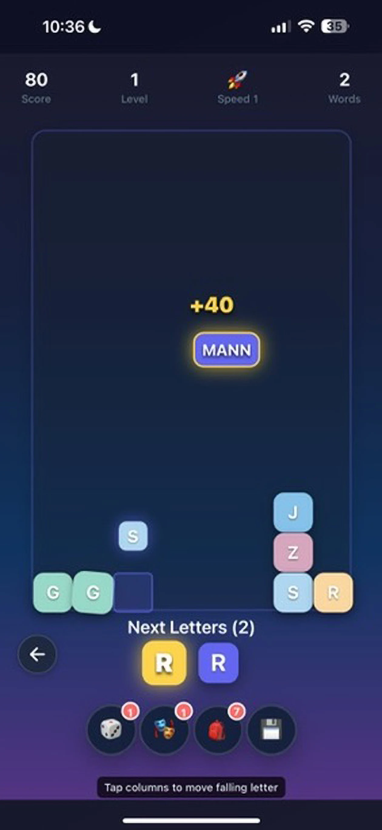 Original Word Bomb gameplay: falling-letter board and score.
