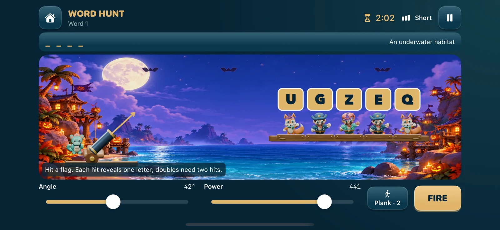 Actual Mystery Cannon gameplay with letter flags and a hidden word